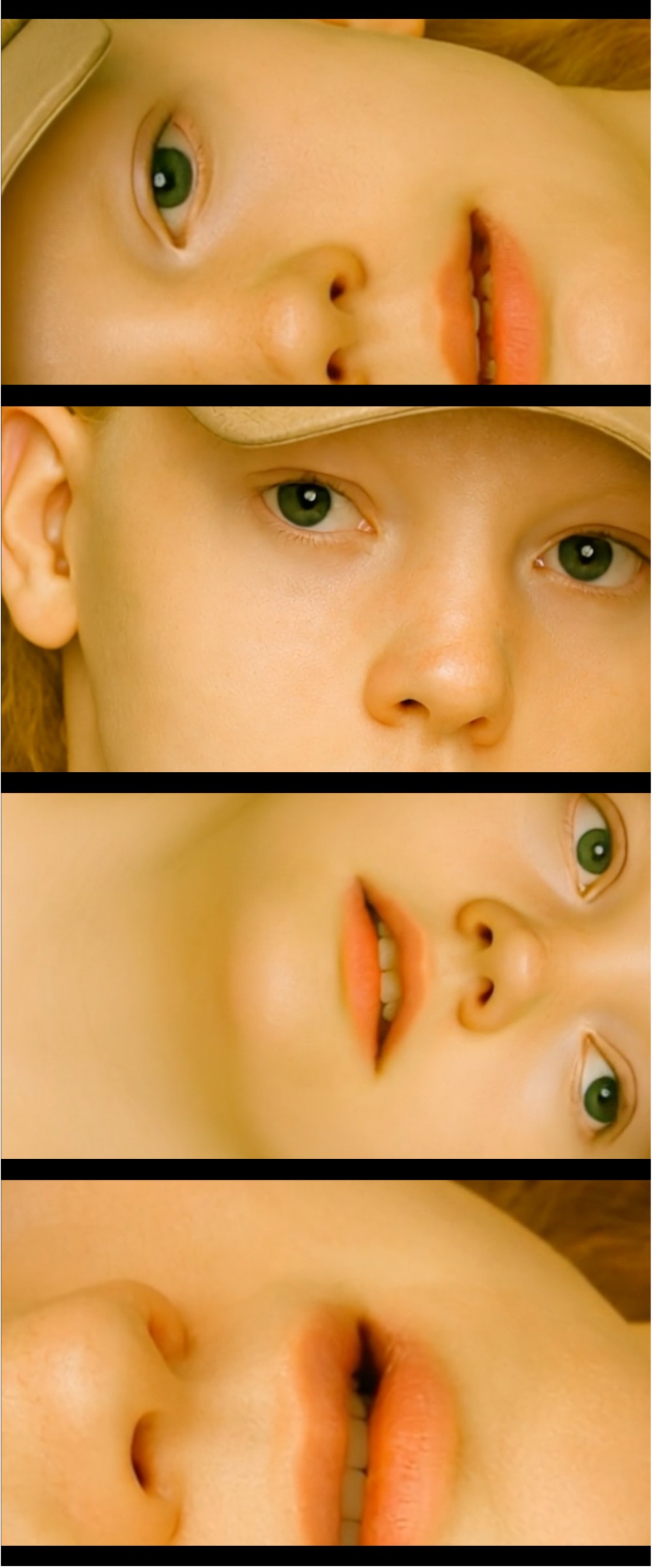 Portrait of an AI-generated face: a young person wearing a beige cap, looking directly into the camera with a neutral expression. Video still from 