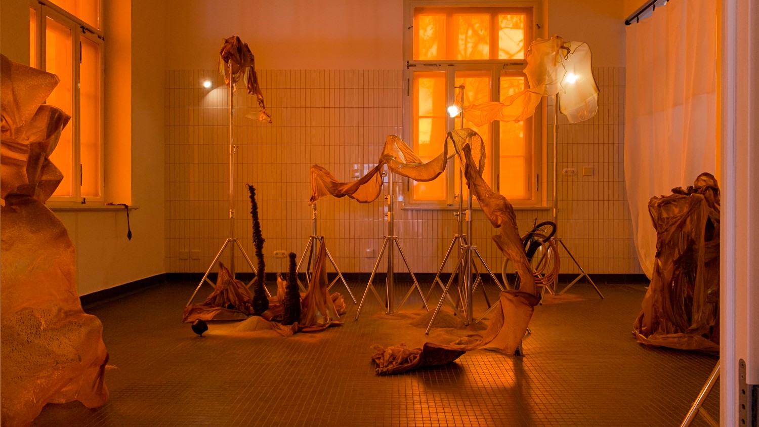 Installationsansicht einer gemeinsamen Ausstellung mehrerer Künstlerinnen im Rahmen eines kollaborativen Workshops mit MERGE an der Technischen Universität Chemnitz, initiiert von der FUNKEN Academy. Im orange getönten Raum sind skulpturale Gebilde aus GEOBRIS – einem von Yana Zschiedrich entwickelten Material aus Mehlwurmkot und biobasiertem Kunststoff – auf Metallstativen arrangiert. Die transparenten, organisch wirkenden Strukturen durchziehen den Raum und verweisen auf einen prozessorientierten Umgang mit Material, Raum und Kollektivität.