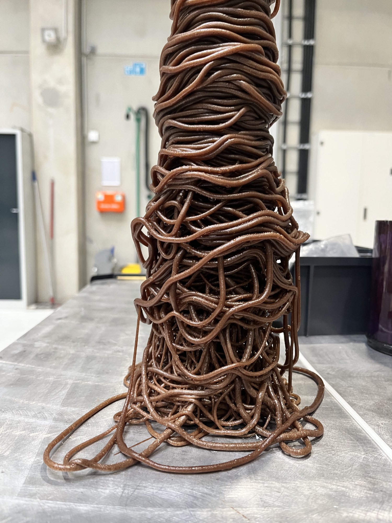 In Entwicklung: ein GEOBRiS Filament aus Mehlwurmkot von Yana Zschiedrich gemeinsam mit MERGE (TU-Chemnitz) unterstützt durch die FUNKEN Akademie. In der Werkstatt steht ein brauner Wurst-Haufen.